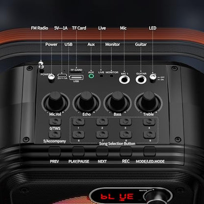 JYX Karaoke Machine with 2 Wireless Microphones, Portable Bluetooth Speaker PA System with Shoulder Strap, RGB Lights, Subwoofer Support TWS, USB, Radio, AUX, REC, Bass&Treble for Home Party/Adults - color: Glossy Black