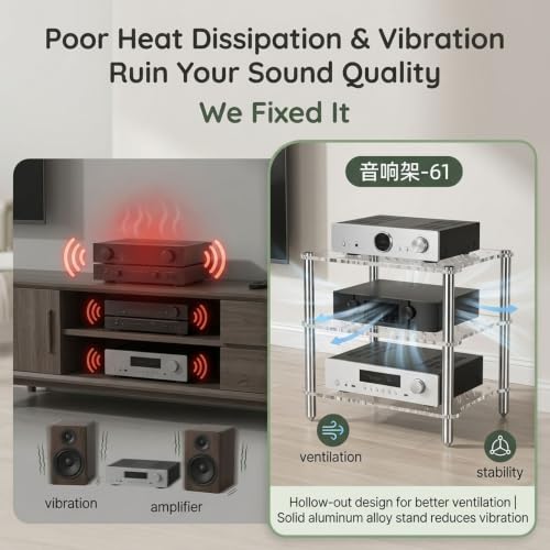 Stereo Stand, 3-Tier Desktop Open Audio Rack | Metal Frame, Cut-out Acrylic Shelf, Heat Dissipation Feature for Office Living Room