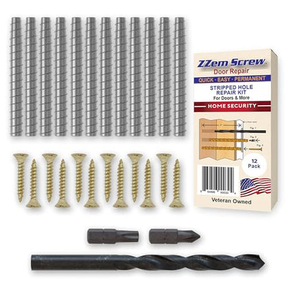 12-Pack #9 x 3 Permanent Stripped Door Hinge Screw Hole Repair Kit | Steel anchors. Reinforces hinges, strike plates and door jambs. Made in USA - size: 12 Pack