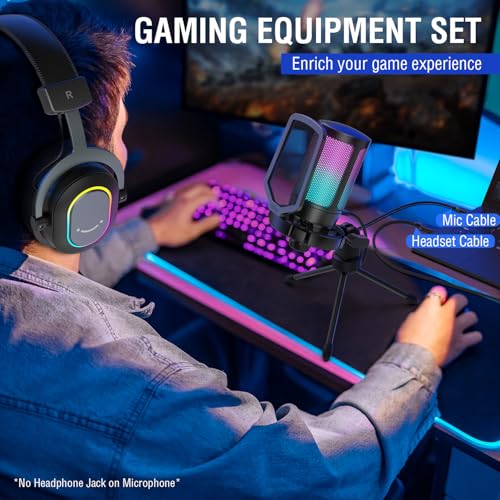 FIFINE Gaming USB Microphone with Headset Bundle for PS5, PC Condenser Mic with Quick Mute, RGB, Gain Control for Streaming, Wired Headphones with Microphone Set with EQ Mode, Soft Ear Pads (A6V+H6)