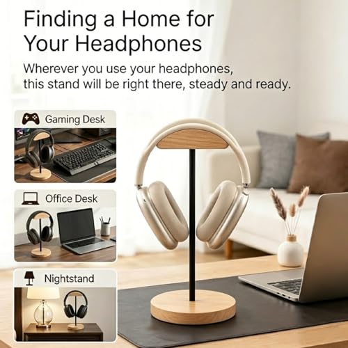 Headphone Stand Nature Wood & Metal Headset Hanger Mount Hook Gaming Holder Desktop Earphone Artful Functional Craftmanship Stand for All Headsets with Solid Wooden Base - style: Bamboo