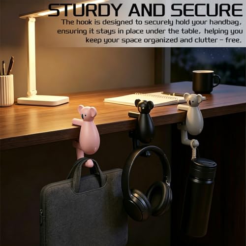 Bear-Shaped Purse Hook for Table 3 Pieces - Under-Table Handbag Hanger, Desk Side Hook, Detachable Bag Holder and Headphone Stand, Space Saving Desk Organizer