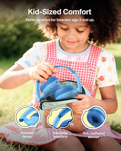 Belkin SoundForm Mini 2 Bluetooth Kids Headphones, On Ear, 55H Battery Life | Toddler headphones with Case, 85dB Volume Limit, Built-in Mic, Wired Connection Option, iPad, Android Tablet, School, Travel - color: Blue