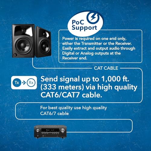 OREI Audio Over Cat6 Extender 990ft Coxial 5.1, PoC, Two-Way IR, DTS, LPCM | Coax to Toslink, Analog Audio Extender – Audio Balun over Cat6, Built-in DAC, Dolby Digital Plus, 24-bit/192kHz audio
