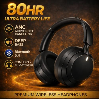 Wireless Noise Cancelling Headphones with 80H Battery, Bluetooth 5.4 Over Ear Headphones for Travel, Work & Calls, Deep Bass, Comfortable Fit