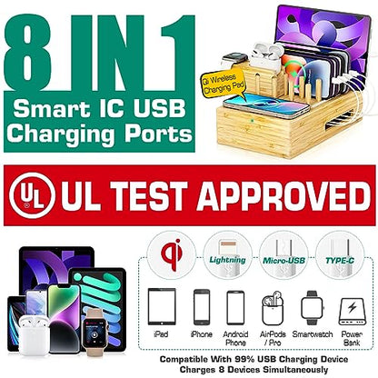 Bamboo Wireless Charging Station for Multiple Devices - Wood Docking Station Organizer, Qi Certified Fast Wireless Charger, 7 USB Charging Ports for Cellphone, Smart Watch, Earbuds, Tablet | Qi Certified Fast Wireless Charger, 7 USB Charging Ports for Pho