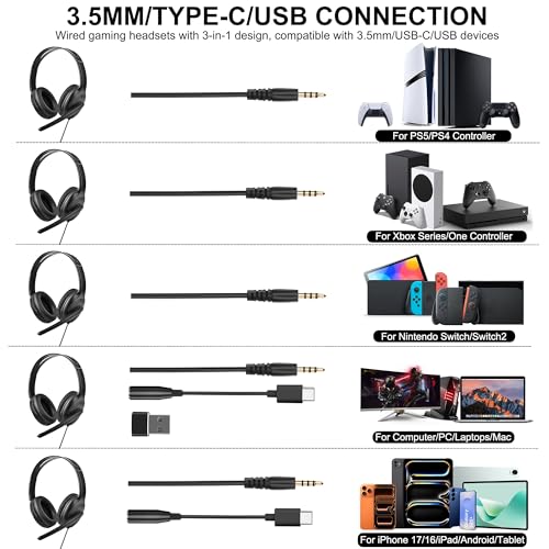 Wired Gaming Headset with Mic for Xbox/PS5/PS4/Switch/PC/Laptop/Tablet/Phone, Over-Ear Headphones with USB-A/C & 3.5mm Jacks/330° Rotating Microphone/In-line Control for Home Office Business Work - style: Double Ear - Vertical Mic