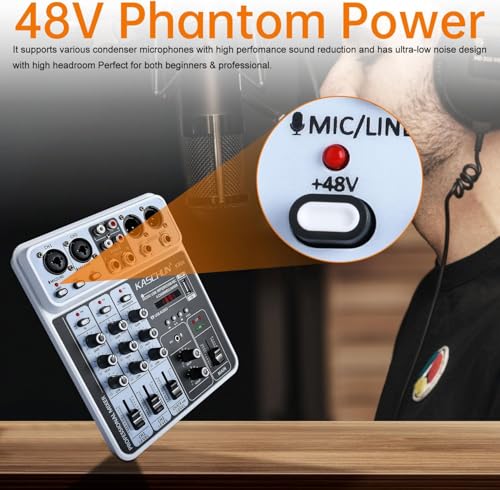 4-Channel DJ Audio Mixer, Bluetooth Sound Board with USB MP3 Input | Compact Mixer Board with 48V Phantom Power, Monitoring, Effects, for Karaoke, Podcast, Live Stream, Home Recording & DJ