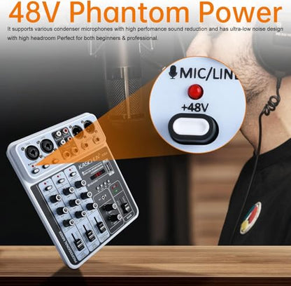 4-Channel DJ Audio Mixer, Bluetooth Sound Board with USB MP3 Input | Compact Mixer Board with 48V Phantom Power, Monitoring, Effects, for Karaoke, Podcast, Live Stream, Home Recording & DJ