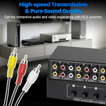 4 in 2 Out 4-Way RCA Switch Composite AV Selector Switcher Box | Plug & Play 4x2 RCA Video Audio AV Switcher for PS2 PS3 Wii Xbox HDTV DVD Game Consoles - size: 4 IN 2 OUT