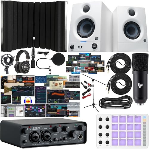 LyxJam 2x2 USB Audio Interface Bundle with ASIO, White PreSonus Eris 3.5 Studio Monitors, Bluetooth MIDI Pad Controller, Condenser Mic, Headphones, Isolation Shield & Software