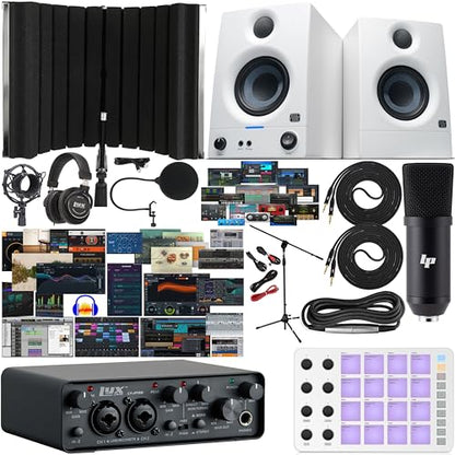 LyxJam 2x2 USB Audio Interface Bundle with ASIO, White PreSonus Eris 3.5 Studio Monitors, Bluetooth MIDI Pad Controller, Condenser Mic, Headphones, Isolation Shield & Software