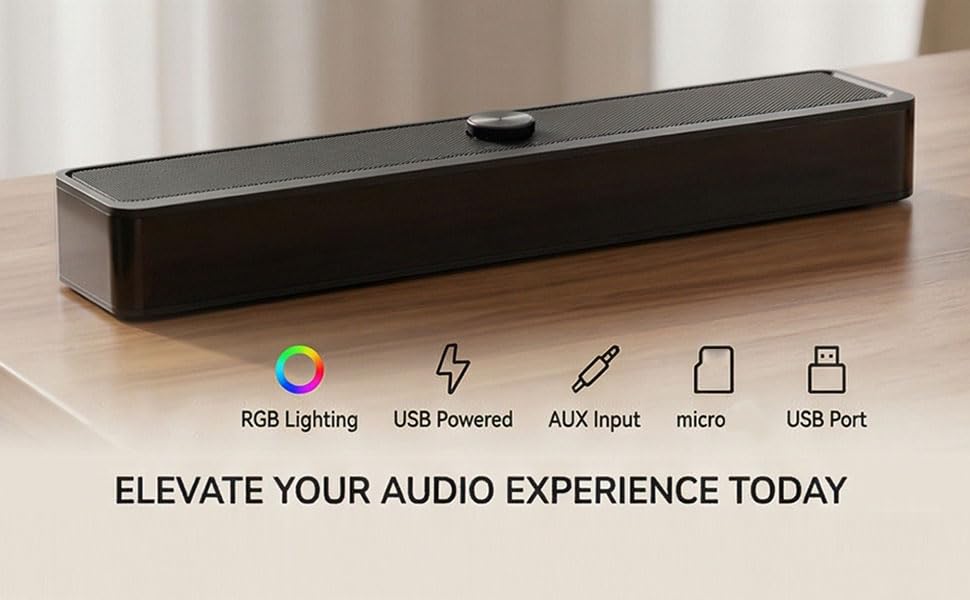 RGB Desktop Soundbar, 2.0 Channel Computer Speaker with Dynamic Lighting and Audio Light Sync, Volume Knob