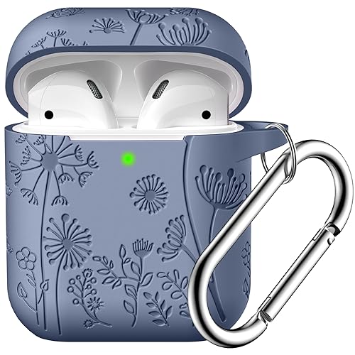 Lerobo for AirPod Case 2nd/1st Generation with Keychain for Women Girl | Flower Engraved Soft Silicone Shockproof Cover for AirPods 2 Case, Wireless Charging, Scratchproof, One-piece Design - color: Blue Gray