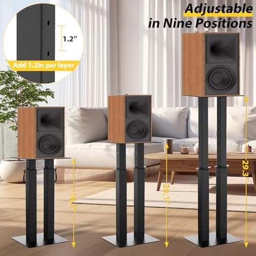 Universal Speaker Stand Pair, Height Adjustable Speaker Stand 16.7"-29.3" | Floor Speaker Stands Support 110lbs Double Tubes Heavy Duty Bookshelf Speaker Stands with Non-Slip Pad for Home Theater