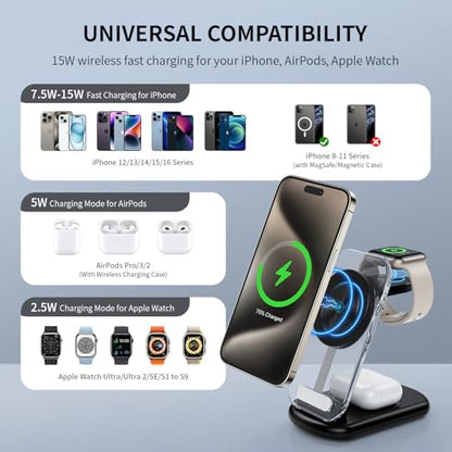 RYND 2026 Traveling Wireless Mag-Safe Fast Charging Station | Magnetic 3 in 1 Charger with Light for iPhone 17 16 15 14 13 12 Pro Max Plus,Apple Watch & Air pods 4 3 2 Pro(Black) - color: Black