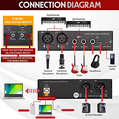 Pyle Professional USB Audio Interface with MIC, Guitar, AUX Stereo Inputs, Phone/Monitor Outputs, Ideal for Computer Playing & Recording, Compact Rugged Metal Housing - PMUX6 - style: Interface Basic