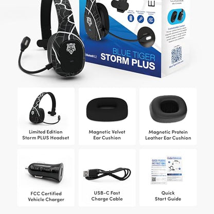 Blue Tiger Storm Plus Road Edition- Trucker Bluetooth Headset with Mic | Mono headset with mic + flashlight, wireless noise canceling, high-fidelity sound, 45-hour talk time, USB-C , Bluetooth 5.2