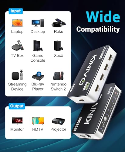 Kinivo HDMI Switch 5 in 1 Out 4K 60Hz (HDR 10, High Speed 18Gbps, IR Remote, HDCP2.2, Dolby Vision, VRR) - 550BN Switcher Compatible with Roku, PS5, Xbox, Apple TV, Nintendo Switch 2, Cable Box - size: 4K - 5 Port