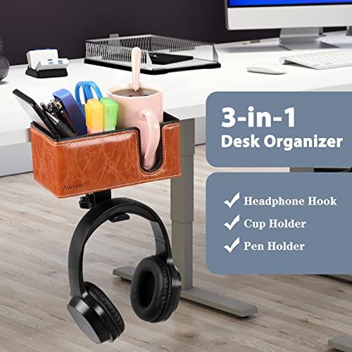 Under Desk Cup Holder Clamp on Cup Holder PU Leather Clip on Desk Organizer | Desk organizer with pencil holder clamp on side, under desk hanging organizer, clip on cup holder desk phone stand holder PU - color: Light Brown