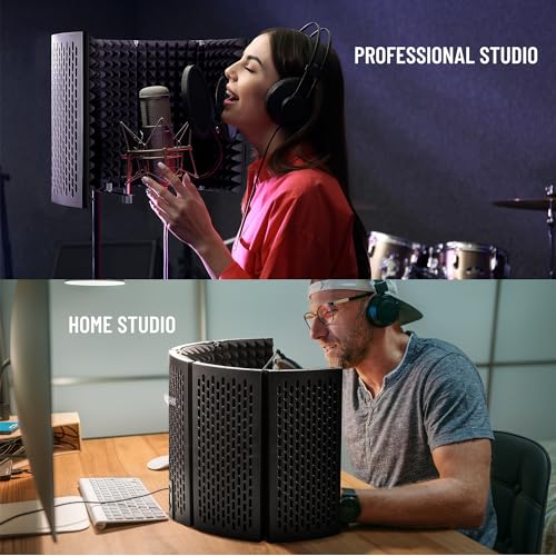 CAHAYA Microphone Isolation Shield Studio Mic Sound Absorbing Foam Professional Desktop or Mounted on Stand Recording Equipment Foldable 5-Panel Mic Isolator Panel for Condenser Microphone