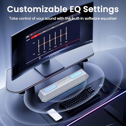 Deeyaple Computer Speakers, 40W PC Speakers for Desktop Monitor with Bluetooth 5.3 & USB Audio, HiFi Stereo Gaming Soundbar with Custom EQ Software, Dynamic RGB Lighting for Laptop, PS4, PS5, White.