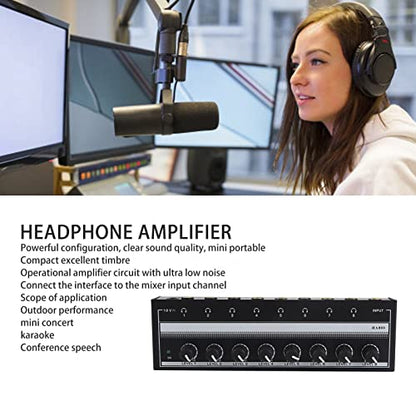 Headphone Amplifier - 8 Channel Mini Headphone Amp, Portable Stereo Headphone Amplifier, Bass Headphone Amp for Studio and Stage 100 to 240V