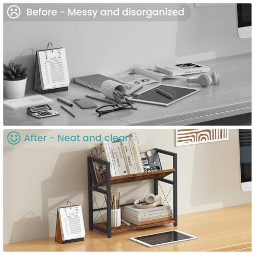 ELITEROO Desktop Bookshelf, 2 Tier Desk Shelf Organizer, Wooden Tabletop Bookcase, Small Desk Top Book Rack for Office, Home, Bedroom, Small Space Storage and Display, Rustic Brown - color: Rustic Brown