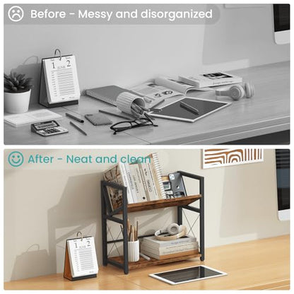 ELITEROO Desktop Bookshelf, 2 Tier Desk Shelf Organizer, Wooden Tabletop Bookcase, Small Desk Top Book Rack for Office, Home, Bedroom, Small Space Storage and Display, Rustic Brown - color: Rustic Brown