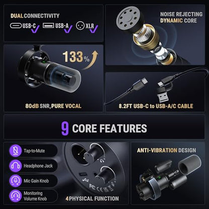 FIFINE K688+H8 Dynamic Podcast Mic Bundle with Studio Monitor Headphones | Dynamic XLR/USB mic,headphone jack,volume control,studio monitor over‑ear headphones,vocal recording,voice‑over,podcast bundl