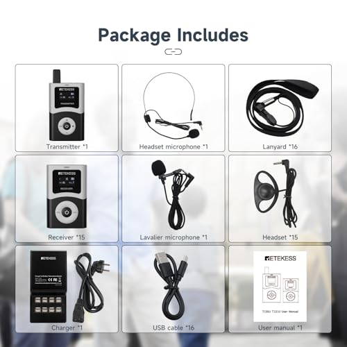 Retekess T130U(4nd Gen T130)Tour Guide System, Translation System(1TX 15RX) | for Church,School,Travel, U-Band, 200M, 40H, with16 USB Charging Ports, Less Interference Voice, One-Key Operation - style: 1-15