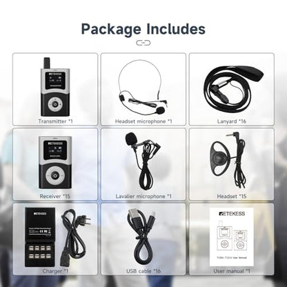 Retekess T130U(4nd Gen T130)Tour Guide System, Translation System(1TX 15RX) | for Church,School,Travel, U-Band, 200M, 40H, with16 USB Charging Ports, Less Interference Voice, One-Key Operation - style: 1-15