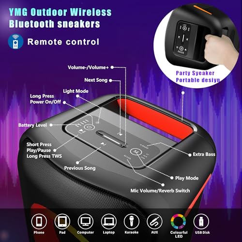 YMG Karaoke Machine for Adults Portable Blue Tooth Party Speaker with 2 Wireless Microphones, 300W Peak PA System Deep Bass Fast Charging with LED Disco Lights for Outdoor Home Party Gift