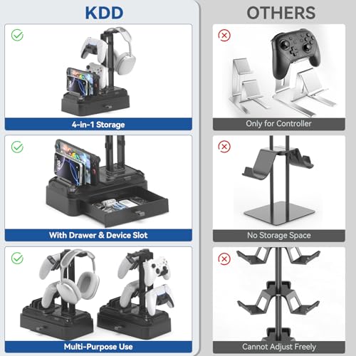 KDD Headphone Stand with Drawer - Rotatable Headset & Detachable Controller Holder for Desk - Multifunctional Organizer with Device Slot for Phones, Tablets - Universal for Gaming Accessories