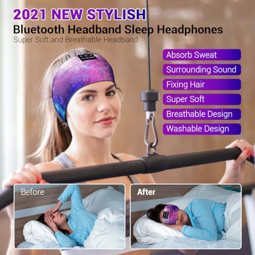 LC-dolida Sleep Headphones Bluetooth Headband Sleeping Wireless Headband Headphones with Thin HD Stereo Speakers Perfect for Side Sleepers, Sport, Yoga, Travel - color: Purple Starry
