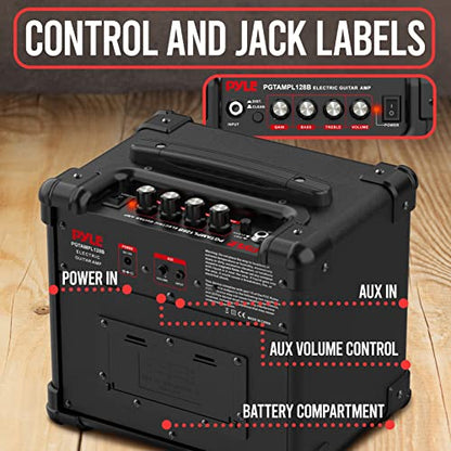 Pyle Portable Electric Guitar Amp - Battery or Wall Power Mini 10 Watt Mini Practice Instrument Amplifier w/ 5" High Definition Speaker, Headphone Out, Volume, Bass, Treble, Distortion, Gain Controls