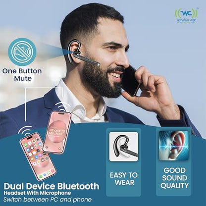 Wireless Bluetooth Headset with Mic, Noise-Cancelling Earpiece with 500mAh Charging Case – Up to 72H Talk Time – Clear HD Sound for Truck Drivers, Office, Call Centre, All Smart Phones.