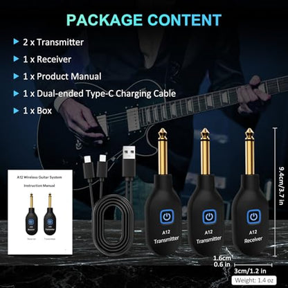 Wireless Guitar System 2.4GHz 100Ft/30M Range, A12 (2TX+1RX) | 100Ft/30M Range, Low Latency, Rechargeable, Easy Pairing for Electric Guitar & Bass - Guitar Accessories - color: 2TX+1RX