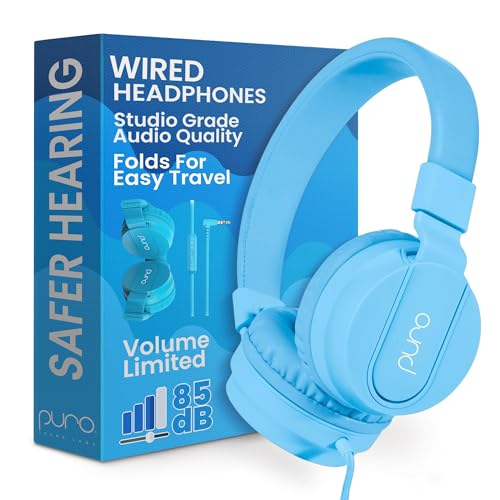 Puro Sound Labs - Kids Headphones, Volume-Limiting 85dB, PuroBasic, Blue | Wired Headphones, Comfortable Headphones for Kids, Compatible with PCs, Smartphones & Tablets, Ideal for School & Travel