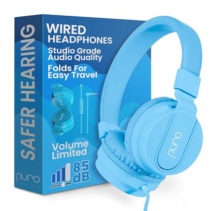 Puro Sound Labs - Kids Headphones, Volume-Limiting 85dB, PuroBasic, Blue | Wired Headphones, Comfortable Headphones for Kids, Compatible with PCs, Smartphones & Tablets, Ideal for School & Travel