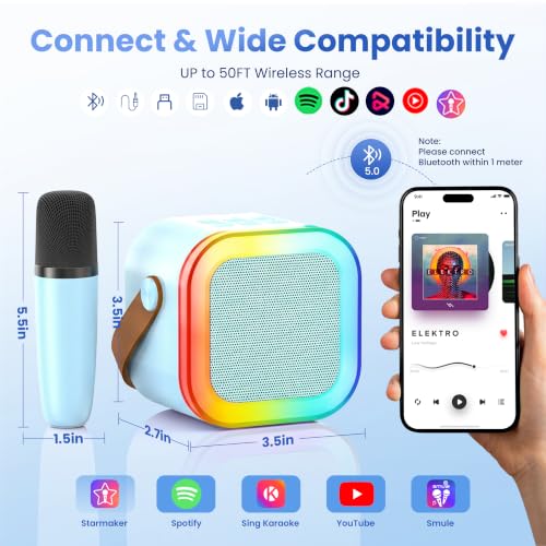 Mini Karaoke Machine, Portable Bluetooth Speaker & 2 Wireless Microphones | Karaoke Player Karaoke Microphone For Family Home Party Outdoor With HI-FI Sound | 5 Magic Sound | PA System | USB | TF | AUX - color: Blue