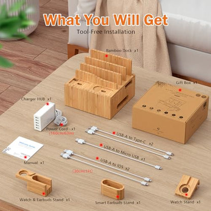 Pezin & Hulin Multiple USB Charging Station Including Charger HUB, 5 Cables | Wooden Bamboo Dock Station for Cell Phones, Tablets, Earpods and Smart Watch -Natural Bamboo