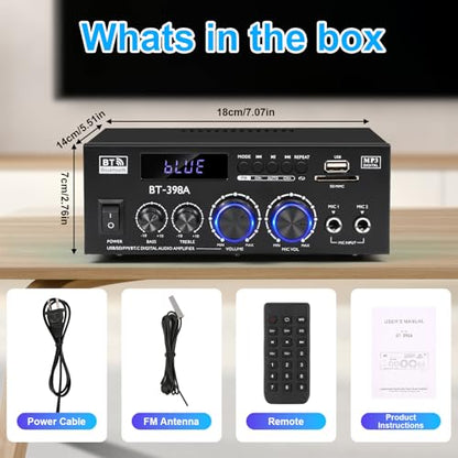 Romica Stereo Audio Amplifier, 2 Channel 450W Bluetooth 5.0 Home Audio Stereo Receiver with FM Radio, USB, SD, Optical & Coaxial Inputs, Amplifier for Passive Speakers and Active subwoofer