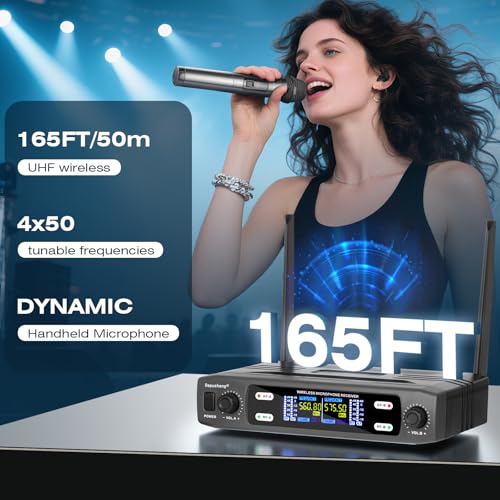 Depusheng Wireless Microphone System, VHF Fixed Dual Frequency Wireless Set with 2 Handheld Dynamic Transmitter Wireless Mic Set for Singing, Karaoke, Church, DJ,200ft Range - size: X2 PRO
