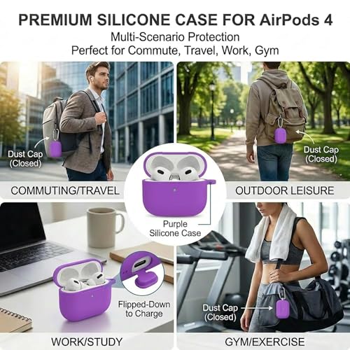 Silicone Case Cover for AirPods 4th Gen, Soft Skin, Full Protection, Keychain, Cleaner Kit (Purple) - color: B2-Purple