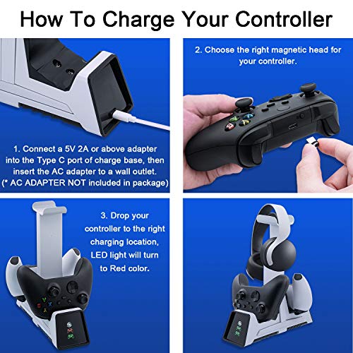 Mcbazel Dual Charging Station with Headset Holder for PS5, Fast Charging Dock with LED Indicator for PS5/ PS4/ Switch Pro/Switch2/ Xbox One/Xbox One Slim/Xbox Elite/Xbox Series X&S Controllers