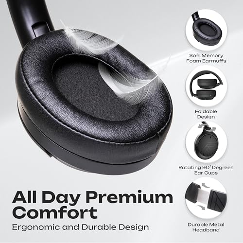 PowerLocus Bluetooth Headphones Over Ear, 60H Playtime, 4 EQ Modes Wireless Headphones with Microphone, Hi-Fi Stereo Deep Bass Foldable Headphone, Soft Foam Ear Cups,Fast Charging for Travel/PC/Phones - color: Black