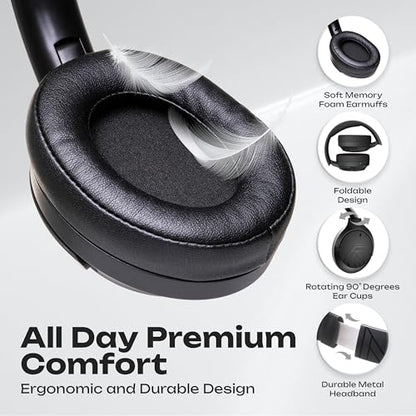 PowerLocus Bluetooth Headphones Over Ear, 60H Playtime, 4 EQ Modes Wireless Headphones with Microphone, Hi-Fi Stereo Deep Bass Foldable Headphone, Soft Foam Ear Cups,Fast Charging for Travel/PC/Phones - color: Black