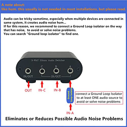 3.5mm Audio Switch with line Volume Controller, 3 in 1 Out 1/8" aux switcher Splitter selector Box, Mini Inline Headphone attenuator Volume Control knob -MC31 - color: 3-port 3.5mm Switch with volume