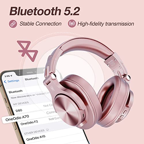 OneOdio A70 Bluetooth Over-Ear Headphones, Hi-Res Wired DJ Studio - RG | Wireless over-ear headphones with 72H playtime, 3.5mm/6.35mm wired jacks for studio monitoring, mixing, guitar, amp and PC - color: Rose Gold
